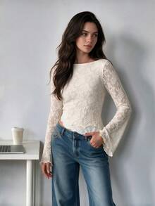 QUNGIGU Women Lace Boat Neck Top Jacquard Bell Sleeve Asymmetrical Wavy Hem Casual For Fall Apparel Going Out Dating - Apricot - View 6