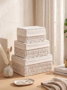 Juego de 3 piezas/Set(S+M+L)/1 pieza de cestas de almacenamiento tejidas a mano de estilo bohemio con tapa, bandeja de almacenamiento con forro interior de estilo rústico, adecuado para cosméticos, llaves y aperitivos, ligero y duradero, adecuado para escritorio, sala de estar, baño, dormitorio, cocina, decoración del hogar y opción de regalo - Blanco - Ver 3