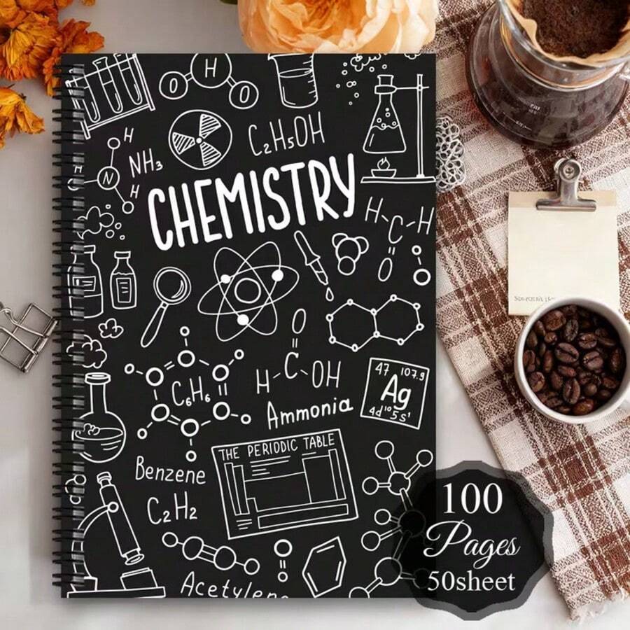 1pc Funny Lab & Science Research Spiral Notebook With Perforated Pages - Retro Periodic Table, Atomic Models Cover - Journal For Chemistry, Physics, Biology Experiments - Gift For Scientists, Students, Teachers - One Book (50 Pages, 100 Pages) - View 1
