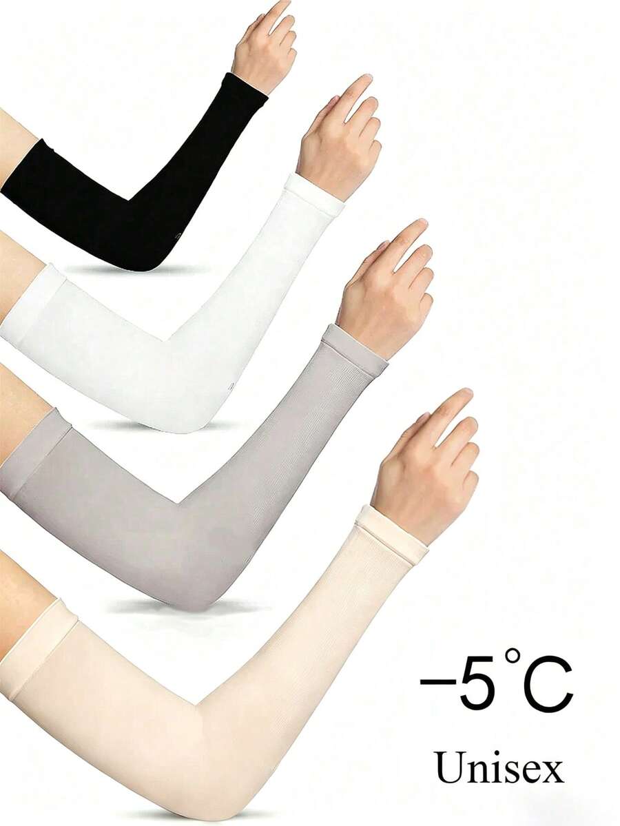 4 Pairs Women Solid Black White Beige Tube Arm Sleeves, Fabric Sun Protection Cover - Multicolor - View 1