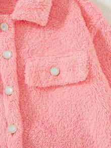 Girls' Fashion Casual Utility Fleece Jacket With Turn-Down Collar, Double Pockets And Single-Breasted Buttons, Autumn/Winter - Pink - View 5