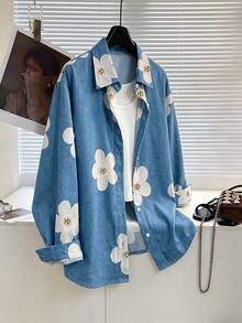 Áo khoác denim nữ mùa xuân/thu phong cách tươi mới in hoa, cổ bẻ, kiểu cardigan thoải mái năng động - Màu xanh lam - Xem 2