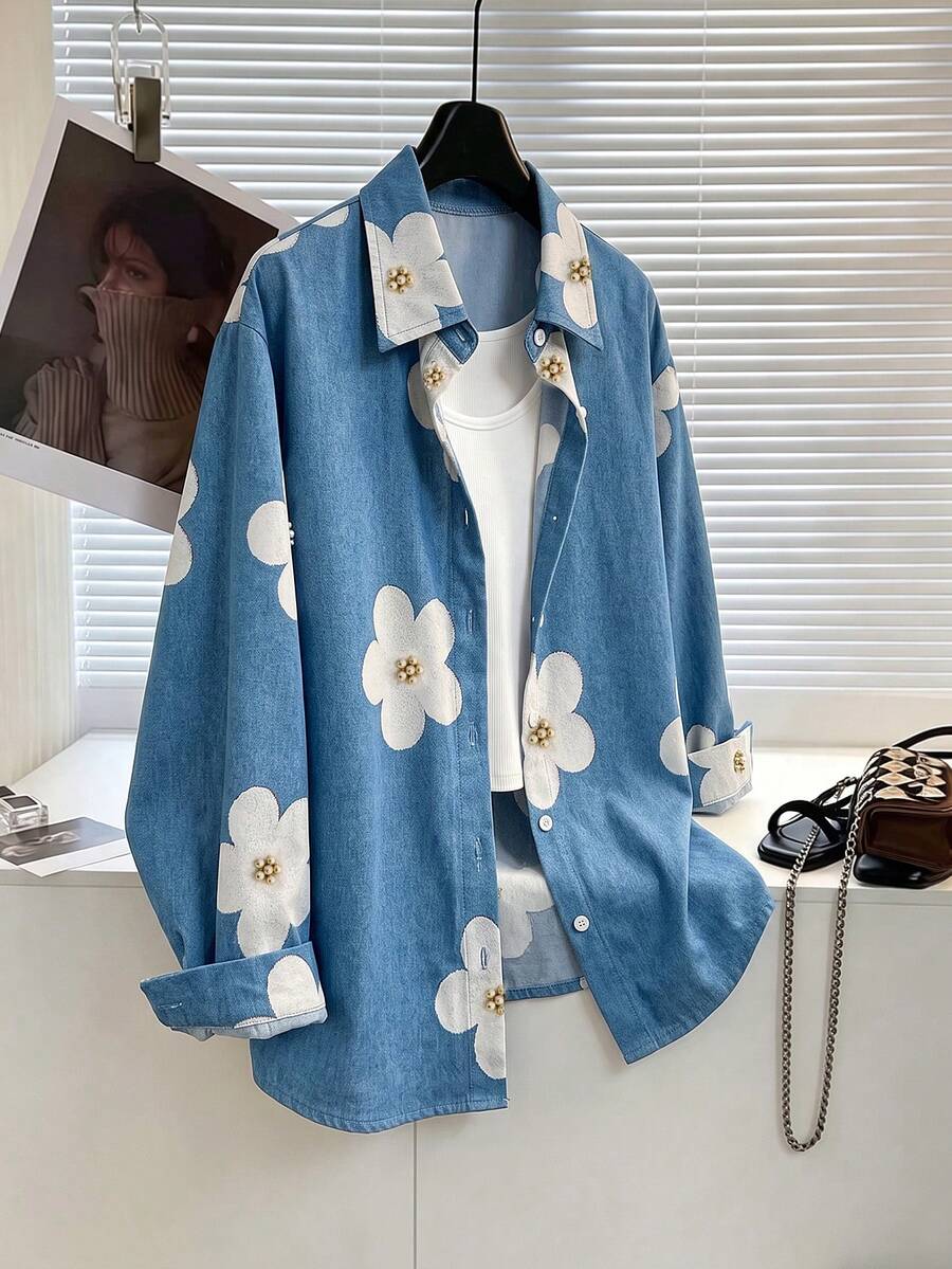 Jaket Denim Segar Musim Semi/Gugur untuk Anak Perempuan dengan Motif Bunga, Kerah Berlipat, Kardigan Nyaman dan Enerjik - Biru - View 1