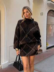 Elegant Diamond Pattern Mock Neck Long Sleeve Sweater Mini Skirt Two Pieces Outfit Casual Loose Fall Matching Set - Brown - View 6