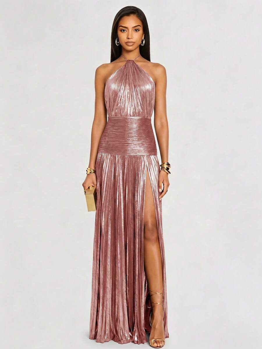 優雅女款掛脖百褶針織長洋裝,高開衩設計,適合派對與正式場合 - 粉色 - 查看 1