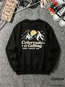 Autumn Men's Black Colorblocked Graphic Crew Neck Sweatshirt With Back Print Of Mountain Sun And 'Colorrado Is Calling AND I MUST GO' Y2K - Black - View 3