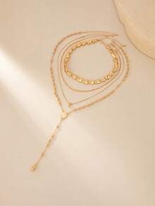 Set Kalung Wanita 3 Buah Berlapis, Rumbai Bentuk Tetesan Air, Aksesori Berlapis Anti Karat, Kalung Rantai Panjang, Hadiah untuk Acara Perjamuan - Emas - View 2