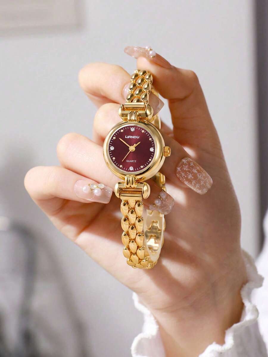 LIANDU LIANDU 女款復古小圓盤石英腕錶，金色金屬手鍊錶帶，酒紅色錶盤配水鑽刻度，優雅日常辦公派對腕錶