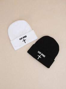 1件刺繡深色十字針織帽，戶外防寒保暖毛帽，休閒百搭冬季保暖帽，適合日常通勤 - 針織帽 - 查看 8