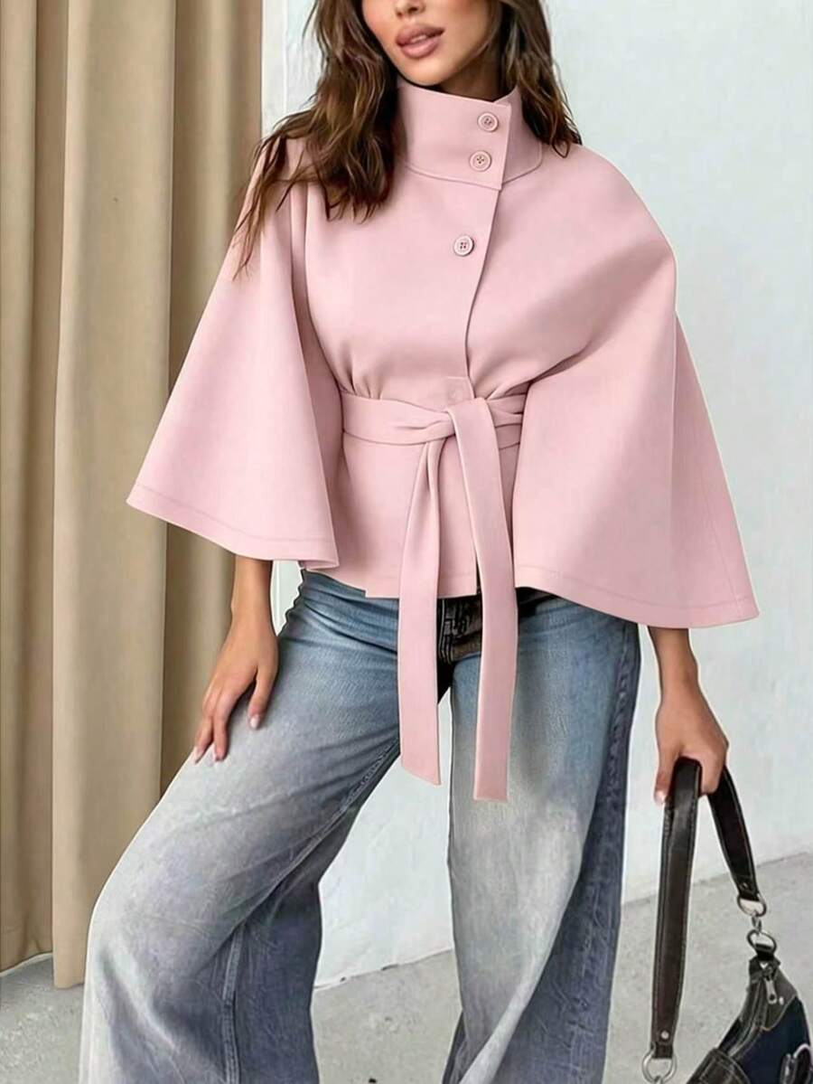 Women's Solid Color Front Button Tie Waist Wool Cape Coat For Daily Wear And Dating, Autumn/Winter - Pink - View 1