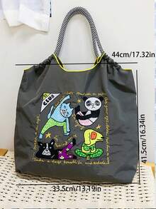 New Versatile Embroidered Animal Yoga Pattern Foldable Shopping Bag Tote Bag Large Capacity Suitable For Beach Party Shoulder Handbag - Multicolor - View 6