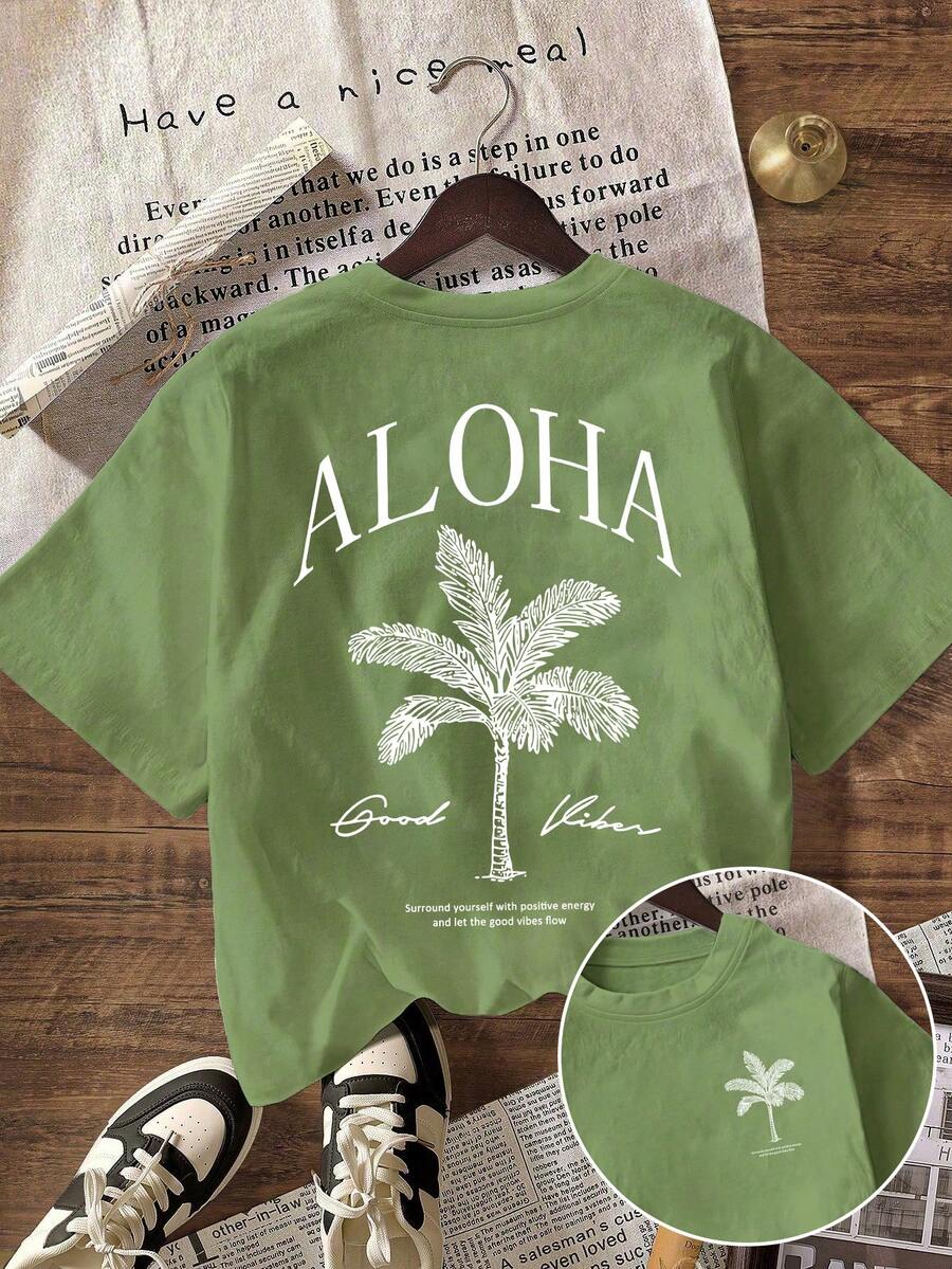 Women's Spring/Summer New Palm Tree Slogan Print Casual Crew Neck Short Sleeve T-Shirt, Fashion Vacation Style - Green - View 1