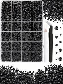 1 Box Black Resin Rhinestone Set, Multi-Size Black Rhinestones With Pickup Pen And Tweezers, Suitable For DIY Nail Art, Halloween And Party Decoration - A - View 8