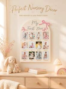 12 Monthly Picture Frame,One Year Birthday Wooden Photo Board, My First Year Milestone Photo Board Baby First Year Wood Sign - Three Pink Bows - View 1