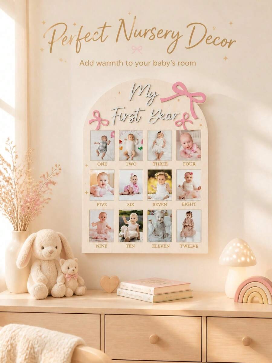 12 Monthly Picture Frame,One Year Birthday Wooden Photo Board, My First Year Milestone Photo Board Baby First Year Wood Sign - Three Pink Bows - View 1