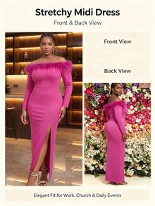 NOU Women's Long Fashionable Elegant Comfortable Workplace Outfit Square Neckline Striped Trim Hem High Slit Dress Party Date Comfortable Convenient - Hot Pink - View 7