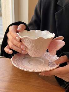 DearDali 1 Set 230ml 3D Butterfly Handle Ceramic Cup And Saucer Set, Pink Purple Embossed Texture Wavy Edge Coffee Cup, Dreamy Girl Style Tea Cup, Home Afternoon Tea, Birthday Gift, Holiday Gift, Best Choice For Friends Gift - Multicolor - View 3