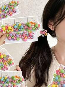 5pcs/1pc Cartoon Colorblock Flower Hair Ties, Colorful Beaded Cute Candy Color Hair Ropes, High Elasticity Ponytail Clips, Damage-Free Hair Accessories, Hair Tie, High Durability, Suitable For Daily Use, Random Colors - Multicolor - View 8
