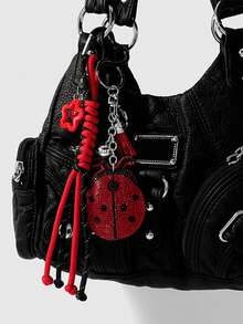 1pc Rhinestone Ladybug Keychain, Red & Black Braided Rope Bag Charm, Heart-Shaped Carabiner Key Ring With Bell, Star & Tassel Pendant, Cute Lucky Insect Accessory - Multicolor - View 1