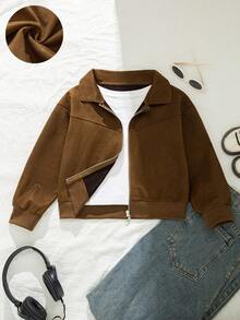 Jaket Kasual Sehari-hari untuk Anak Perempuan, Model Maillard, Warna Polos, Bahan Suede, Kerah Bulu, Resleting, Musim Gugur/Dingin - Coklat - View 1