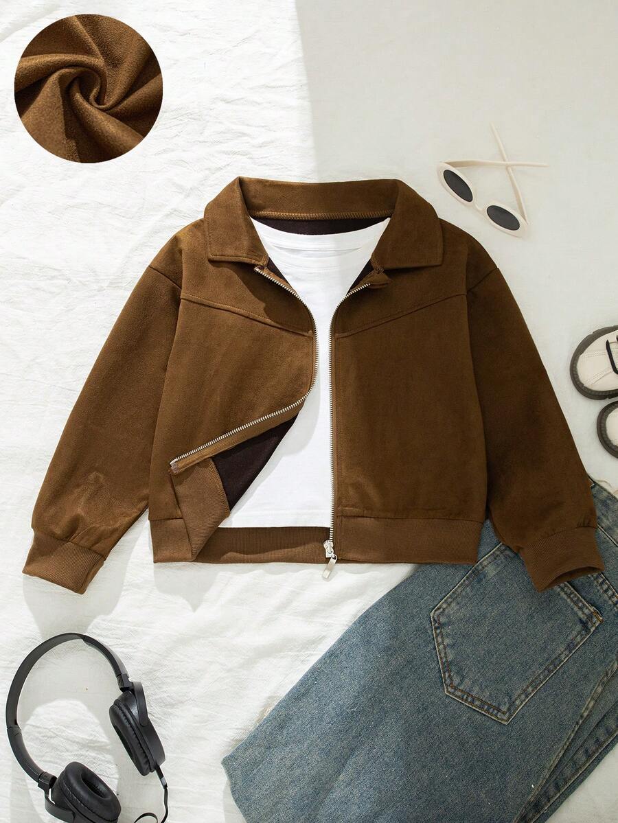 Jaket Kasual Sehari-hari untuk Anak Perempuan, Model Maillard, Warna Polos, Bahan Suede, Kerah Bulu, Resleting, Musim Gugur/Dingin - Coklat - View 1