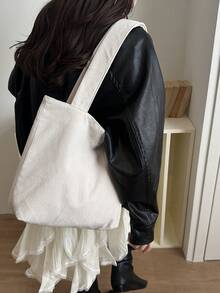 Women's Corduroy Solid Color Shoulder Tote Bag, Suitable For Daily Commute, Travel, Shopping - Beige - View 6