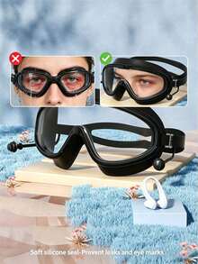 Large Frame Waterproof Anti-Fog Swimming Goggles, Adult Size, With Integrated Earplugs, Comfortable Design, Unisex, Transparent Wide Field Of View, Leak-Proof Seal, UV Protection, Durable Construction, Suitable For Pool Training And Water Sports - Multicolor - View 8