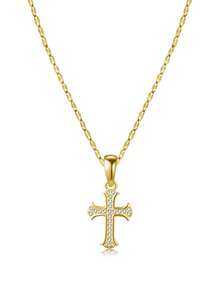 1Pc Dainty Cross Cubic Zirconia Pendant Necklace,14K Gold Plated Copper Pendant Stainless Steel Chain,Women Jewelry For Daily Wear Birthday Party Gift - Gold - View 7