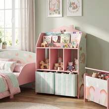 Estante infantil com prateleiras abertas e 2 gavetas de tecido, em MDF, rosa. - A - Ver 4
