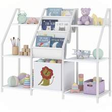 Kinderboekenkast met 3 planken, boekenkast voor kinderen met stoffen lade, 93 x 30 x 76 cm, wit - A - Bekijken 2