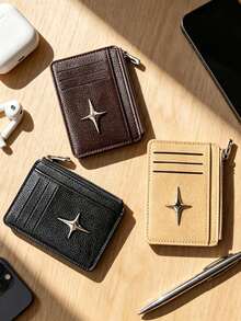 Multi Card Slots PU Card Holder With Metal Star,Multi Card Slots Zipper Coin Pocket,Fashionable Card Wallet Coin Purse,Unisex Mini Wallet,For Daily - Multicolor - View 1