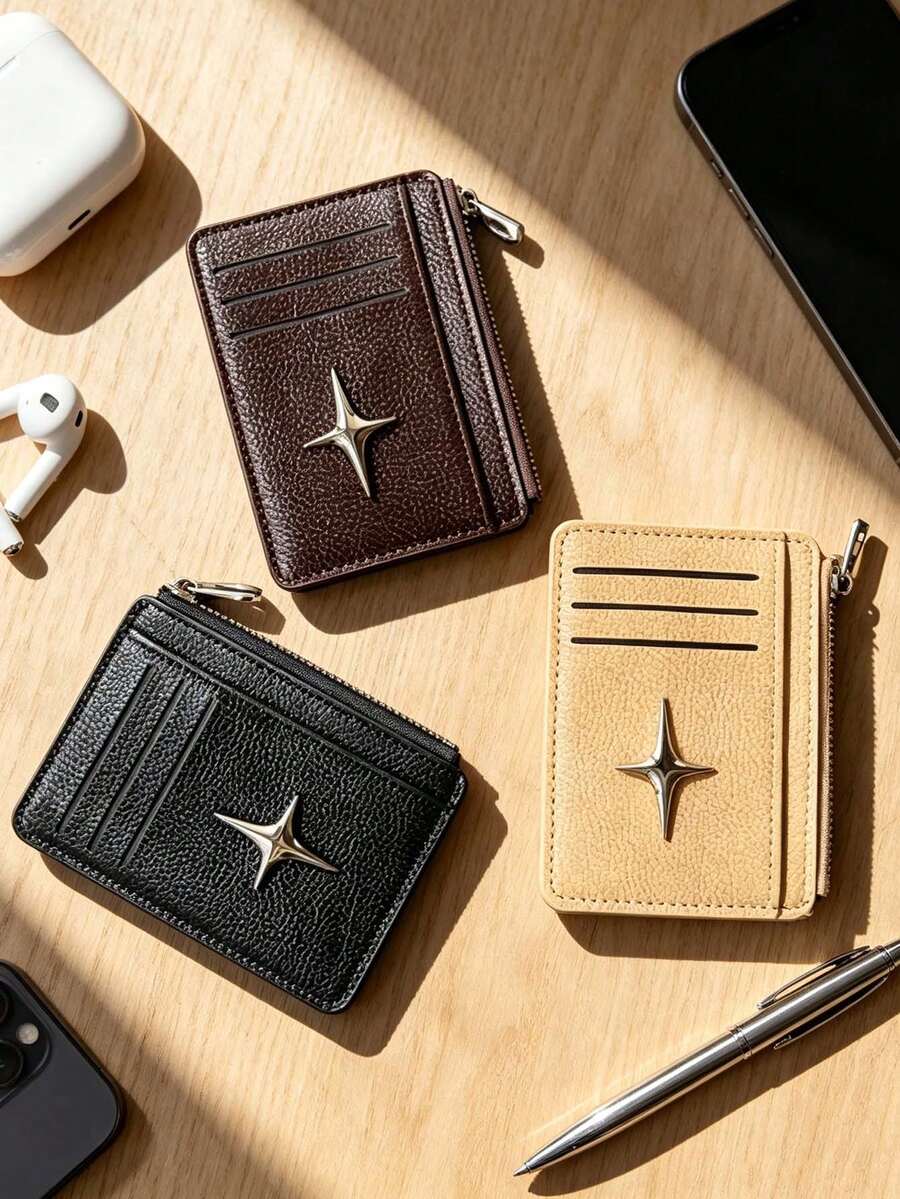Multi Card Slots PU Card Holder With Metal Star,Multi Card Slots Zipper Coin Pocket,Fashionable Card Wallet Coin Purse,Unisex Mini Wallet,For Daily - Multicolor - View 1