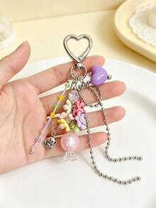 1pc Colorful Flower Beaded Girl Backpack Accessory, Tassel Heart-Shaped Bag Charm - Multicolor - View 4