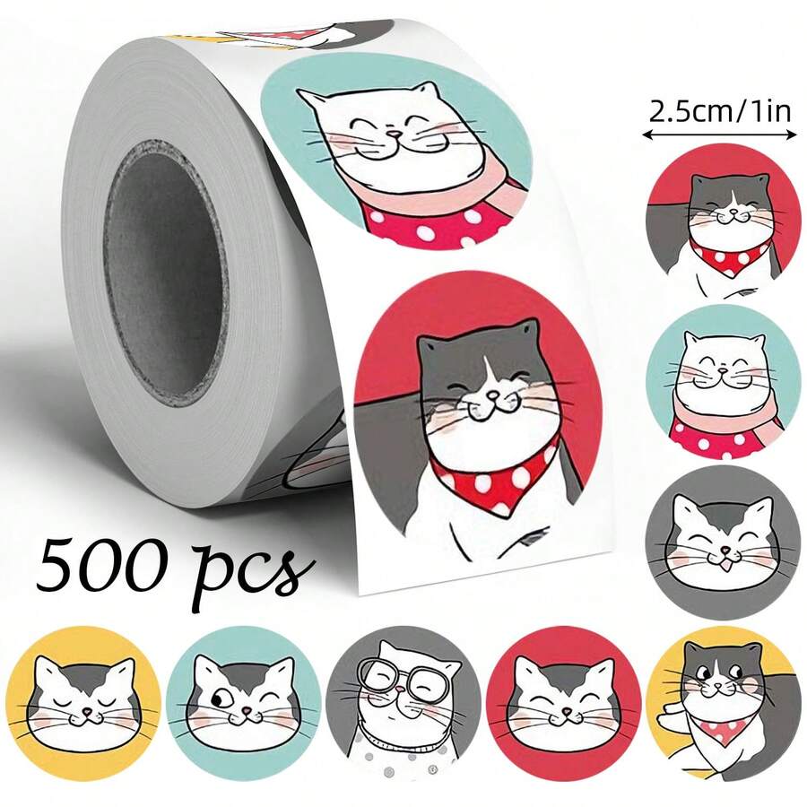 500pcs Cute Cat Doodle Roll Stickers, 1 Inch Round, 8 Patterns, Minimalist Cartoon Hand-Drawn, Perfect For Baking Gift Box Sealing, Party Favor Packaging, Scrapbooking, Kids Reward Stickers, Creative Express Packaging, Market Stall Decoration - Multicolor - View 1