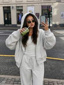 Y2K Women's Autumn Solid Color Casual Fashion Street Style Hooded Lightweight Coat, Fashionable Wear Fall - White Flower Gray - View 2