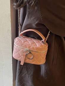 Tas Selempang Mini Bermotif Quilted dengan Dekorasi Rantai Logam, Bahan PU Mengkilap, Kompartemen Penyimpanan, dan Penutup Resleting, Cocok untuk Aktivitas Sehari-hari, Kencan, dan Perjalanan. - Berwarna merah muda - View 7