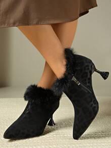 Vintage Leopard Print Faux Fur Trim Pointed Toe Short Boots, Women's Sculptural Heel Side Zipper Winter Fashion Sexy Rabbit Fur Ankle Boots, Suitable For Parties And Dates - Black - View 4