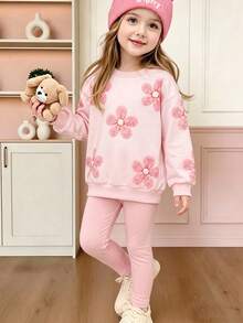 Girls' Casual Fashion 3D Plush Flower & Pearl Decor Long Sleeve Sweatshirt And Slim Fit Pants 2 Pieces Set, Autumn/Winter - Pink - View 1
