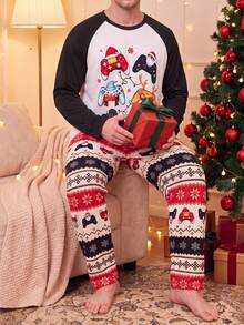 Men's Plus Size Long Sleeve Pajama Set, Cartoon Game Controller Print Top + Plaid Pants, 2 Pieces Loungewear - Black - View 1