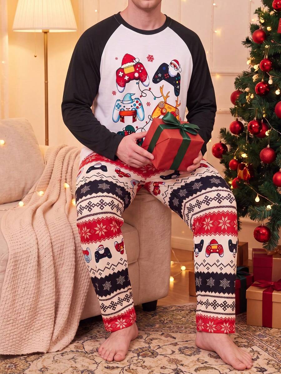 Men's Plus Size Long Sleeve Pajama Set, Cartoon Game Controller Print Top + Plaid Pants, 2 Pieces Loungewear - Black - View 1