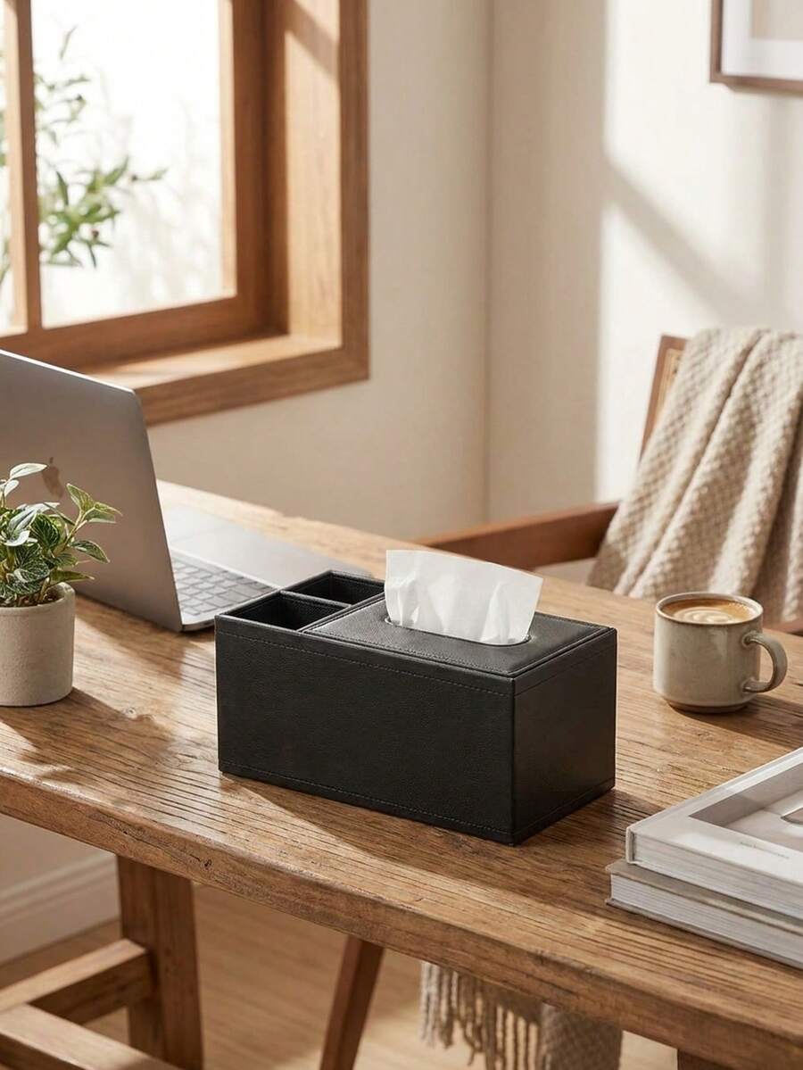 Multifunctional Desktop PU Leather Tissue Box, Striped Texture With Gold Trim, Durable And Easy To Clean, Living Room Dining Room Kitchen Tabletop Decor, Home Decor Enthusiasts, Apartment Living Essentials, Desktop Storage Accessories, Luxury Home Decor - Multicolor - View 1