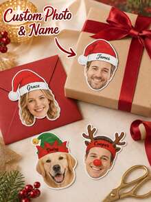 1 Lembar Stiker Natal Wajah Kustom dengan Foto dan Nama yang Dipersonalisasi, Stiker Topi Santa, Peri, Rusa Kutub, Anjing, Kucing, Label Natal Meriah untuk Pembungkus Kado, Kartu Ucapan, Album Foto, Amplop, Suvenir Pesta, dan Dekorasi Liburan - MultiWarna - View 2