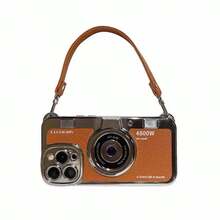 1pc 3D Camera Litchi Texture Phone Case With Hand Strap, Anti-Drop Protective Cover, Style, Different Models Have Different Hole Positions, Subject To The Actual Product Received - Brown - View 3