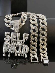 Hip Hop Style SELF PAID Drip Letter Full Rhinestone Pendant With Iced Out Cuban Chain Necklace, Rap Performance Outfit, Music Festival Party Wear, Niche Personalized Jewelry For Men And Women - SELF PAID - View 16