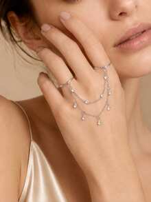 1pc Double Layer Rhinestone Water Drop Pendant Chain Double Finger Ring, Fashion Full Rhinestone Multi-Layer Connected Finger Ring, Versatile Daily Ring - Silver - View 1