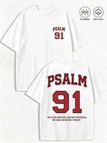 Vintage-Style T-Shirt With Psalm 91, Bible Verse Print, 100% Cotton, Crew Neck, Short Sleeves, Casual Spiritual Top - White - View 1