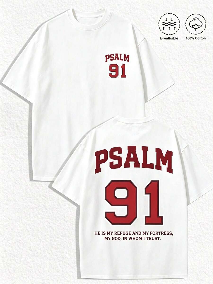 Vintage-Style T-Shirt With Psalm 91, Bible Verse Print, 100% Cotton, Crew Neck, Short Sleeves, Casual Spiritual Top - White - View 1