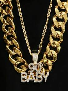 2件組 90sBABY 嘻哈龐克項鍊套組，誇張大尺寸金色鏈條，復古龐克風，適合派對、萬聖節、COS - 金色 - 查看 1