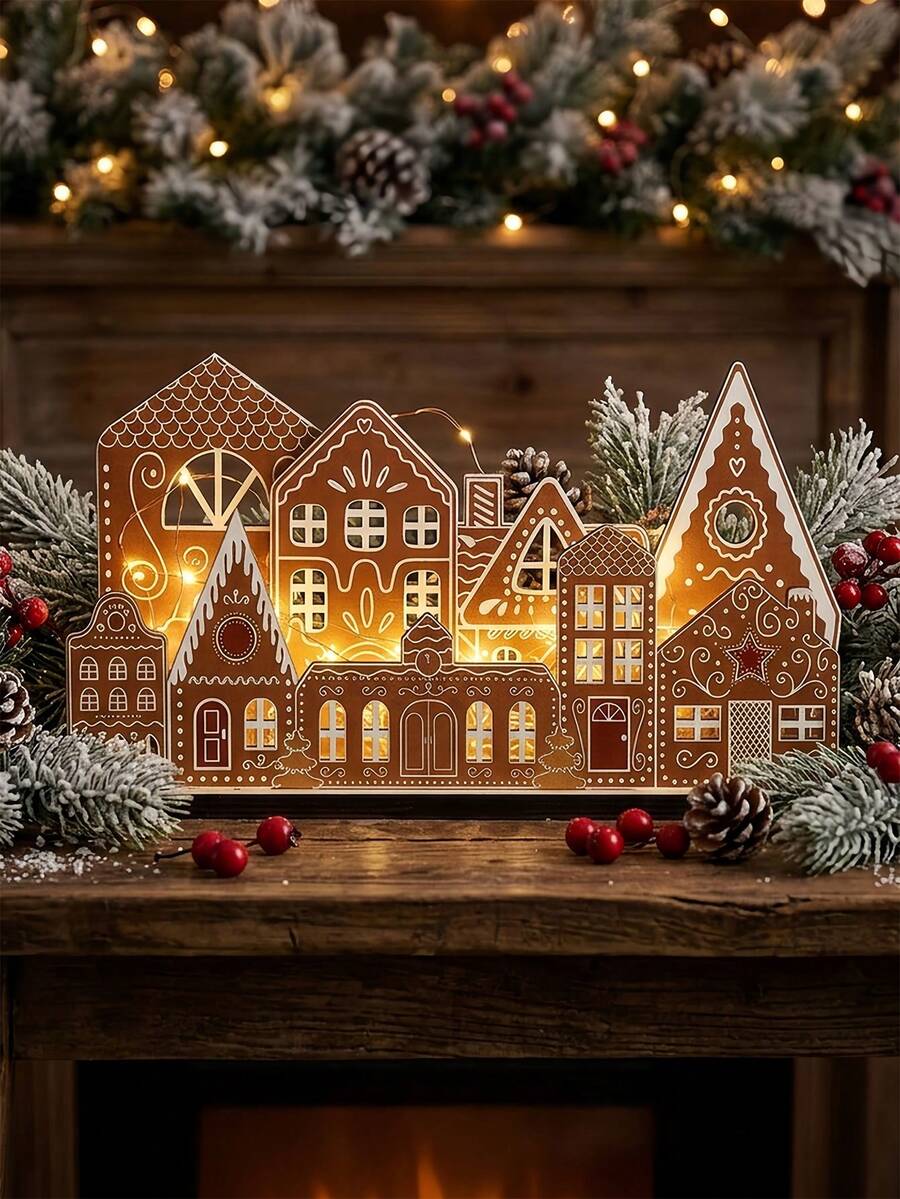 Christmas Gingerbread House Lighted Wooden Village Decor Set, Gingerbread House Wooden Tabletop Centerpiece Decoration, Suitable For Christmas, Farmhouse Style, Fireplace, Bookshelf, Dining Table, Windowsill