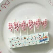 HIBIRTH 5pcs Cute Red Striped Bow Candles Cake Decoration Supplies Creative Pink Bow Candles Birthday Party Baking Plug-In - View 9